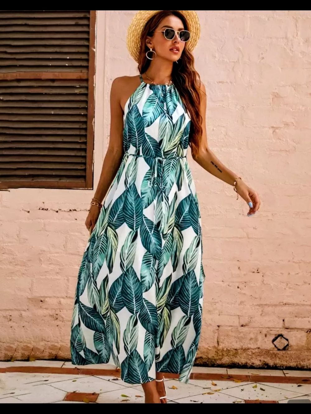 Tropical Leaf Halter Maxi Dress in Green